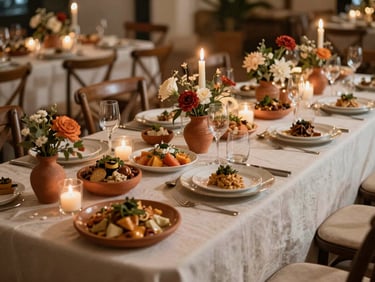 Wide environmental shot of a wedding reception dinner table fully set with Mexican dishes, candlelight and terracotta florals, soft warm tungsten glow, elegant linen tablecloth