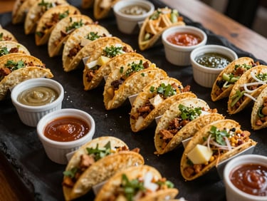 Close-up overhead of a corporate breakfast taco spread on a long serving table, warm even light, individually wrapped portions and sauce ramekins precisely arranged, black linen underneath