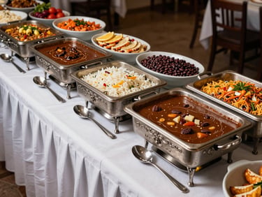 Overhead shot of a full Mexican buffet spread on a long white-draped table, ornate chafing dishes with mole, rice, beans, and garnishes, even bright light from above, crisp shadows