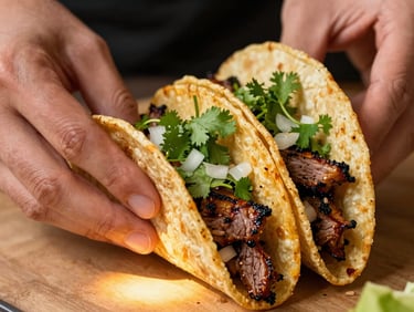 Extreme close-up of hands folding a street taco with char-grilled carne asada, fresh cilantro and diced onion visible, warm golden light from below, dark background