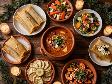 Overhead of a holiday catering spread with tamales, pozole, and seasonal Mexican dishes on a dark wood table, warm candlelight and pine garland visible at edges