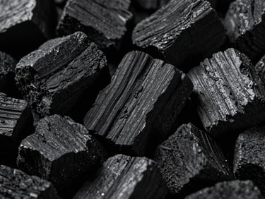 A high-contrast macro shot of uniform high-density charcoal lumps, showcasing deep black wood grain textures under dramatic side-lighting.