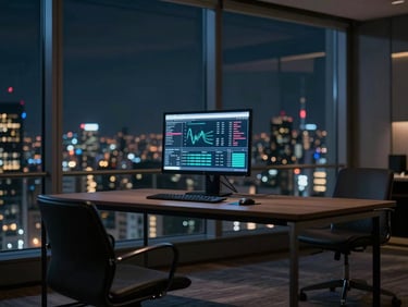 Wide shot of a luxury hotel revenue management workspace at night, a single monitor glowing with data charts in a darkened room, city lights visible through floor-to-ceiling windows behind, minimal desk, no person