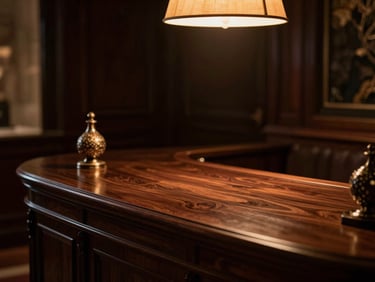 Close-up of a luxury hotel concierge desk at night, warm amber light from a single pendant above, dark polished wood surface empty except for a small decorative object, deep shadow background, no people