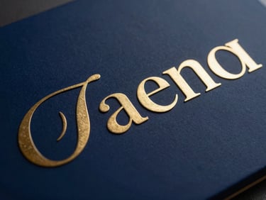 Close-up of gold vinyl lettering applied on dark blue acrylic board, elegant typography, dramatic studio lighting