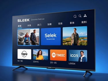 Sleek modern smart-TV interface showing a clean streaming dashboard, glowing blue ambient light in the background, sharp focus on UI elements
