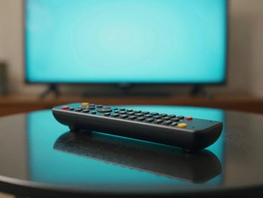Macro shot of a high-end remote control resting on a dark glass table, soft cyan light emitting from a smart-TV screen out of focus in the background, cinematic composition