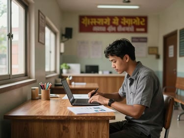 Environmental wide shot inside a small Cambodian clinic waiting area, a freelancer seated at a wooden desk reviewing design work on a laptop, natural window light from the left, clinic signage softly blurred in the background, warm afternoon tones