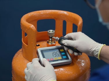 Cinematic close-up of a technician's hands in safety gloves using a digital telemetry scale to weigh a bright orange gas cylinder, dark blue background, sharp orange key light.