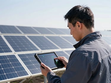 Operator in high-vis gear reviewing telemetry data on a rugged tablet, large solar farm in background, sharp focus, bright daylight.