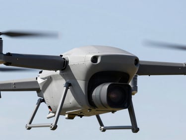 Close-up of a thermal camera payload on a heavy-lift drone, clear sky, cool technical tones, crisp industrial photography.