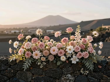 Editorial photography of a volcanic stone wall paired with soft pastel floral arrangements, warm golden hour light.