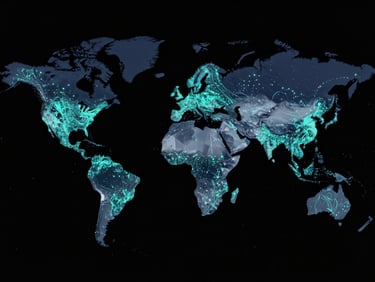 Orthographic vector map of global shipping lanes, glowing cyan data nodes, high-contrast digital telemetry overlay, absolute black background