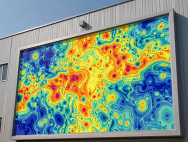 High-resolution thermal structural inspection map overlay showing temperature differentials on an industrial building facade, technical graphic