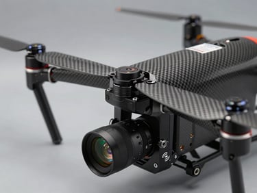 Close-up of an industrial carbon fiber drone rotor and multi-spectral camera payload, technical studio lighting, crisp details