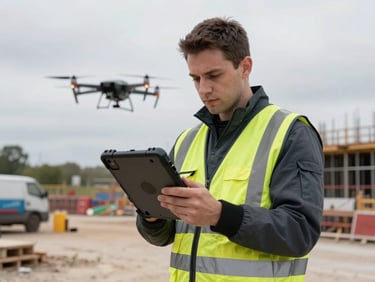 A certified drone pilot in high-visibility safety gear operating a rugged field tablet on a construction site, overcast daylight