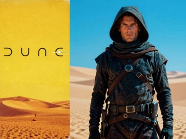 High-contrast split-screen composition, on the left a vintage yellow paperback cover of Dune, on the right a highly saturated blue-gel lit film still of a desert warrior, bold pop-art style.