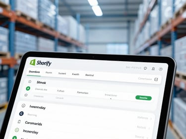 Close-up of a tablet screen showing a Shopify inventory dashboard inside a bright modern warehouse, cool blue tones.