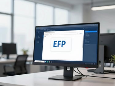 A high-end desktop monitor displaying enterprise ERP data feeds, soft natural office lighting.