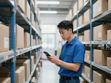 A logistics manager reviewing automated shipping data on a smartphone inside a clean distribution center.