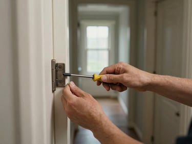 Hands adjusting a door hinge with a flathead screwdriver, a slightly warped door frame visible, interior hallway, natural daylight from a window at the end of the hall, real residential, no posing