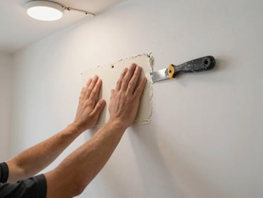 Hands pressing a drywall patch into a hole in a white wall, joint compound on a taping knife resting nearby, plain interior room, overhead work-site light, unpretentious real-job framing