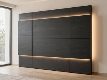 Bespoke TV backdrop with charcoal wood panels and integrated lighting, warm sand tones.