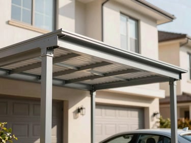Clean architectural photography of a modern outdoor steel canopy installation over a residential carport, bright natural daylight, sharp focus