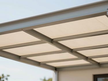 Clean outdoor canopy installation, structural steel frame, bright daylight.