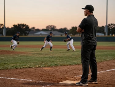 Environmental shot of a fielding coach standing at the edge of the infield dirt at dusk, arms crossed, watching players run drills in the background, warm low light, no faces close-up