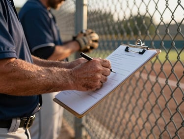 Documentary-style close-up of a baseball coach's hands gripping a clipboard near a chain-link dugout fence, golden-hour side light, dirt on knuckles, game gear visible in background, no face shown