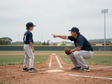 Wide-angle shot of a baseball coach crouching low beside a young player at the plate in overcast daylight, coach pointing toward the outfield, both in game gear, documentary framing, no posed smiling