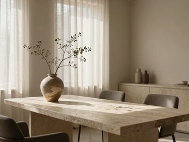 A quiet, luxurious consultation room with minimalist stone surfaces, a single branch in a ceramic vase, soft morning light filtering through linen curtains, warm and professional atmosphere.