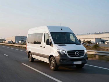 A white modern Sprinter passenger van driving on an open highway towards an industrial park, crisp morning light