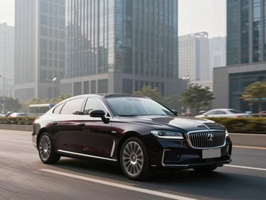 Sleek black executive sedan driving through a modern city business district in the morning light, reflections on the polished car body