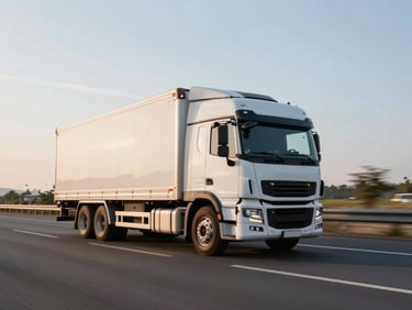 A white modern freight truck driving on a wide highway at golden hour, clean metallic surfaces, motion blur on wheels