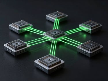 High-contrast technical schematic of a private VPC network architecture, showing isolated model inference nodes, secure data pipelines, and neon green active data flow lines on a deep black background
