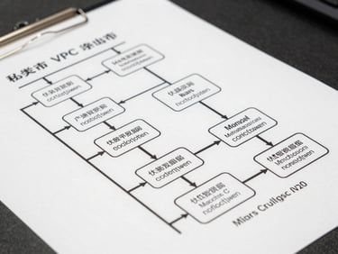 High-fidelity white-on-black system architecture diagram of a private VPC cloud deployment, showing model weight distribution and inference pipelines, sharp lines, technical schematic.
