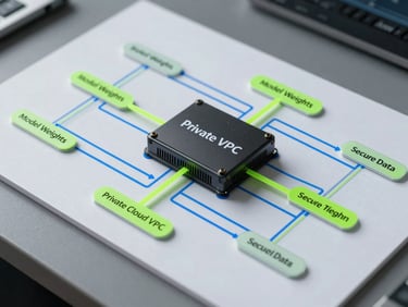 A clean, highly detailed technical schematic of a private cloud VPC deployment, showing model weights, inference engine, and secure data flow lines in neon green and blue.