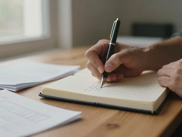 Close-up of hands writing in an open notebook on a plain wooden table, a few printed resource sheets nearby, soft overcast indoor window light from the left, shallow depth of field on the pen nib and ink marks, muted warm tones