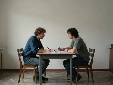 Wide shot of two people seated across a small table in a plain community room, leaning toward each other in conversation, papers between them, one person writing — overcast indoor light, no eye contact with camera, mid-action framing