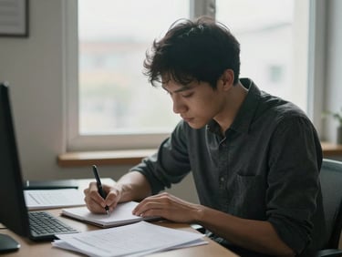 Individual seated alone at a desk near a window, head slightly bowed in focus, writing in a notebook with printed resource sheets spread nearby, soft overcast indoor light, contemplative and purposeful, mid-action portrait
