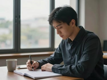 Individual seated alone at a table near a window, looking down at a workbook with a pen in hand, a cup beside them — overcast natural light, quiet focus, no camera contact, close environmental framing
