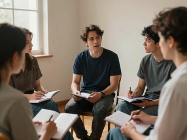 Close-up of a small group circle in a plain room, four people seated with notebooks open, one person speaking while others listen — warm indoor daylight from a side window, hands visible, no staged expressions, documentary framing