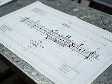 Close-up of physical industrial blueprints on a steel workbench, overcast cool daylight, sharp focus on technical lines, 35mm film.