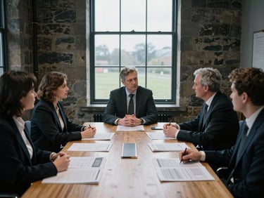 Interior of a stone-built West Yorkshire office, unposed strategy meeting around a wooden table with printed reports, natural window light.
