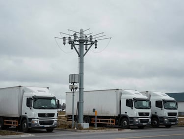 A modern distribution terminal with cargo trucks lined up, cool overcast northern sky, desaturated slate tones, realistic scale.