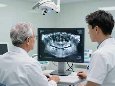 A senior dental specialist and a junior resident discussing a digital 3D CBCT scan on a high-resolution screen in a brightly lit, modern operatory.