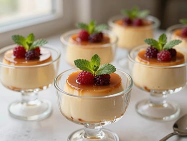 Sobremesas especiais de pudim com detalhes de frutas vermelhas e folhas de menta, em taças de cristal elegantes, focando na apresentação impecável.