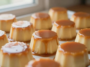Close-up de mini pudins artesanais de caramelo, perfeitamente redondos, dispostos em uma bandeja elegante, luz suave de janela destacando o brilho da calda.